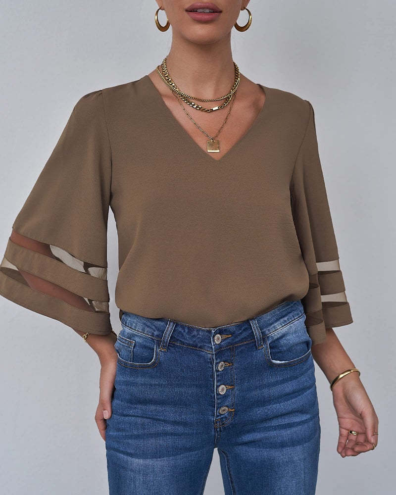 LookbookStore Women Vneck Mesh Panel Brown Work T Shirts for Women V Neck Casual 3/4 Flared Bell Sleeve Blouse Loose Business Office Blouse and Tops Size XX-Large - Image 4